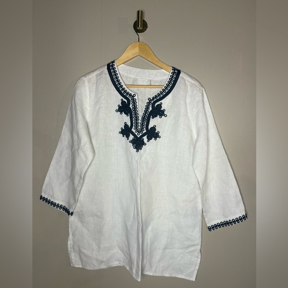 symple nyc Tops - Symple NYC White Linen Tunic Top Navy Embroidered 3/4 Sleeve Boho L